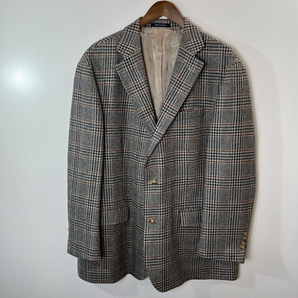 Lands End Mens Lambs Wool Blazer Size 46R Brown Blue Check Plaid Preppy Business